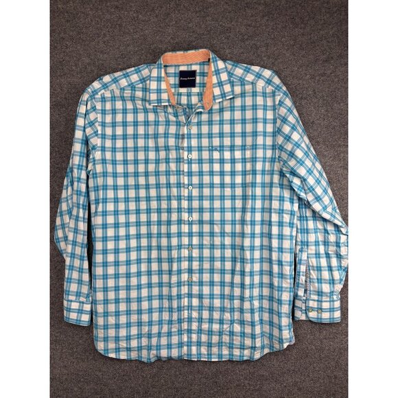 Tommy Bahama Shirt Mens Large Blue Orange Plaid Button Up Long Sleeve Cotton - Picture 1 of 8
